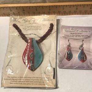 Art Glass Necklace Earrings Sterling Silver Finish
